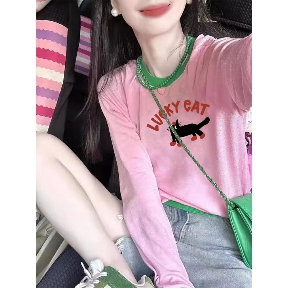 拼接圆领长袖女式t恤2025春秋休闲防晒衬衫上衣显瘦时尚打底宽松