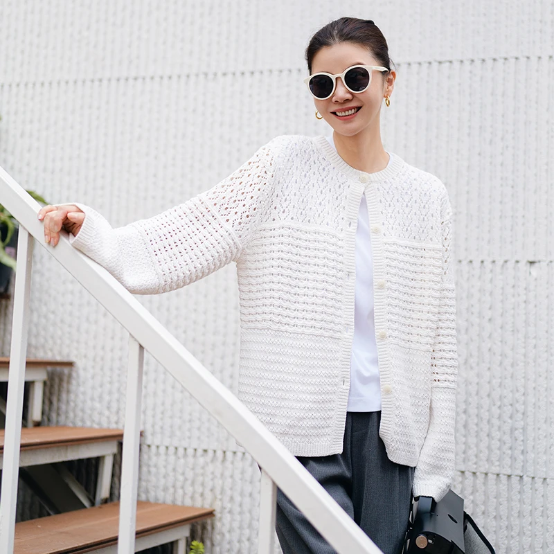 VESSI 金社长“肌理智尚”665g长绒棉慵懒显瘦圆领镂空针织开衫