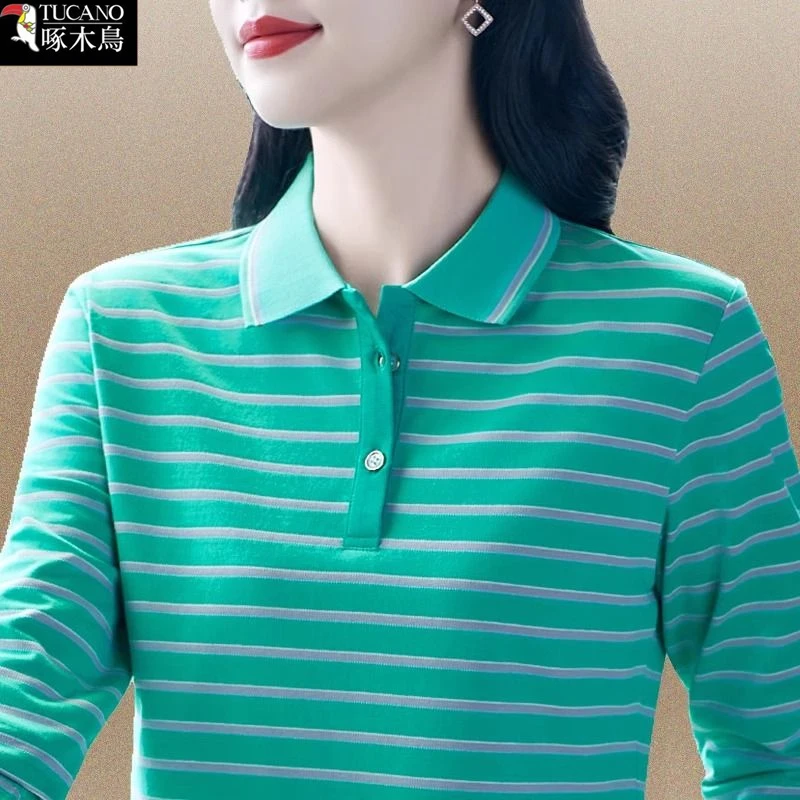 啄木鸟条纹长袖休闲POLO衫春秋新款大码显瘦女士减龄翻领上衣T恤