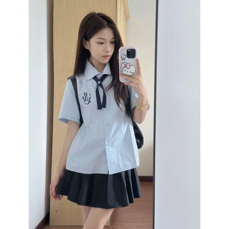 学院风泰式校服减龄短袖衬衫女夏季娃娃领宽松百搭女孩jk制服上衣
