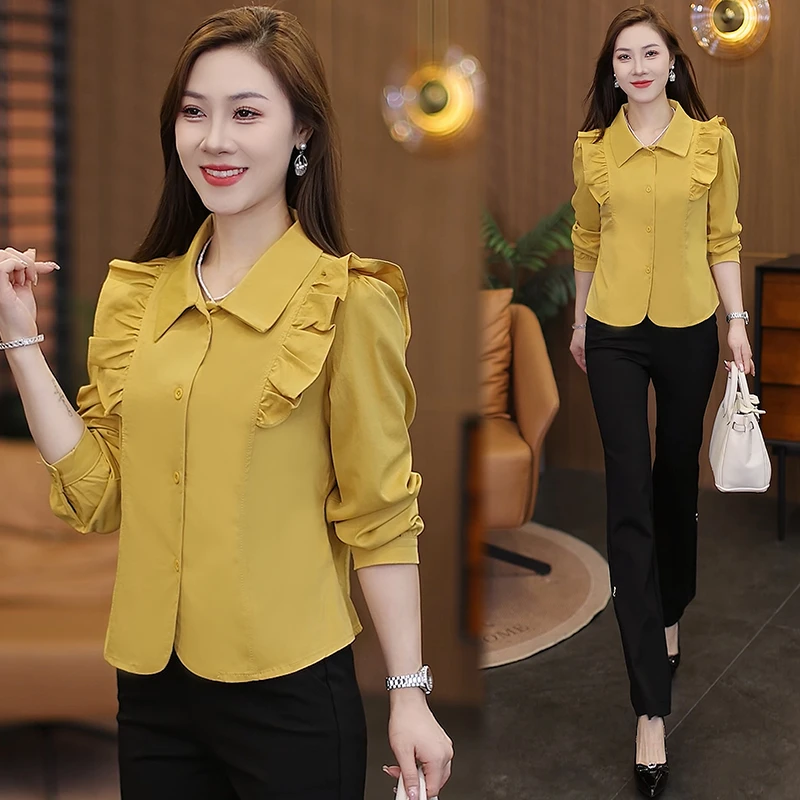 时尚洋气短款长袖翻领衬衫女2025秋季新款法式拼接显瘦荷叶边上衣