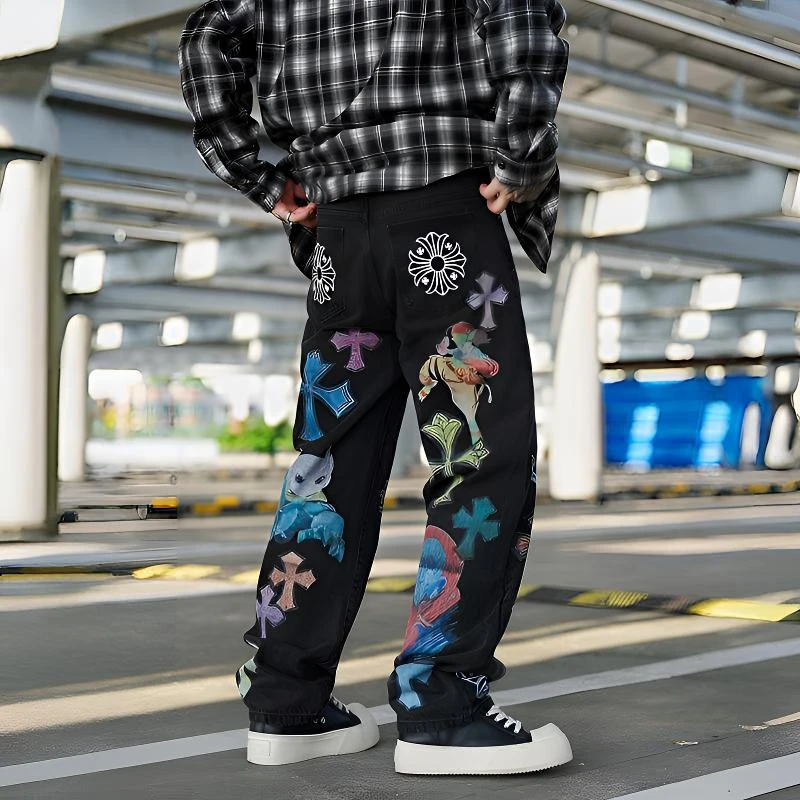 2025小众个性美式拼皮梵文刺绣十字架高街牛仔裤长裤修身男女同款