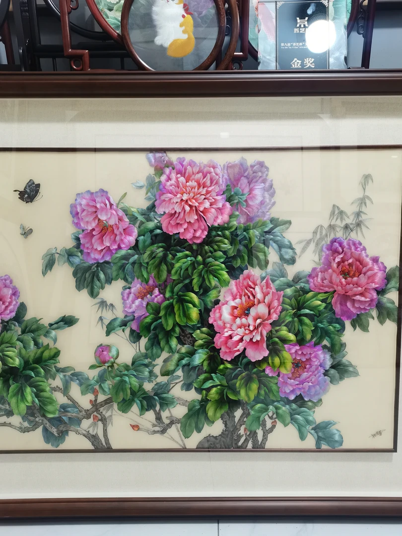纯手工制作精品苏绣装饰挂画《花开富贵》外框尺寸56X156