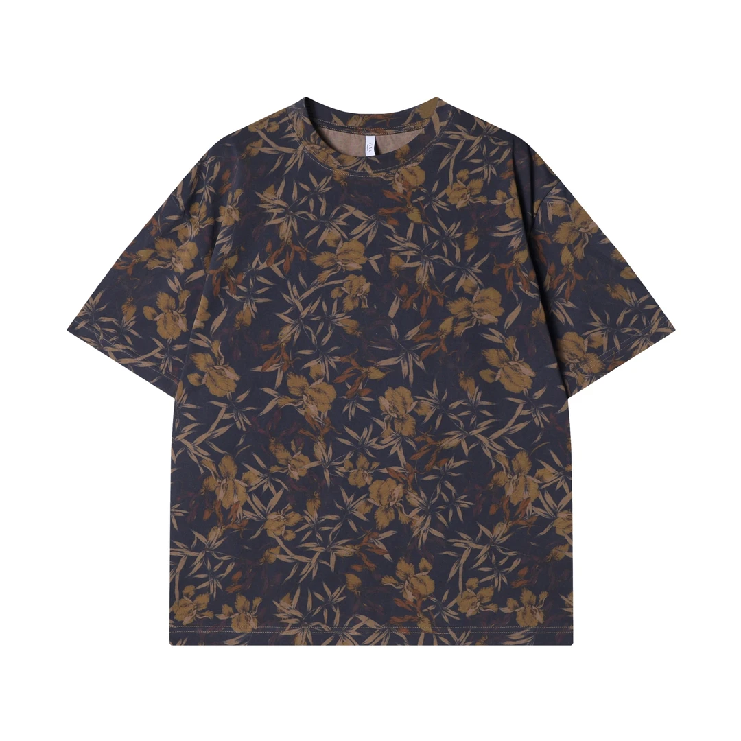 夏季新款时尚个性撞色扎染撞色花朵圆领短袖T恤百搭基础套头上衣