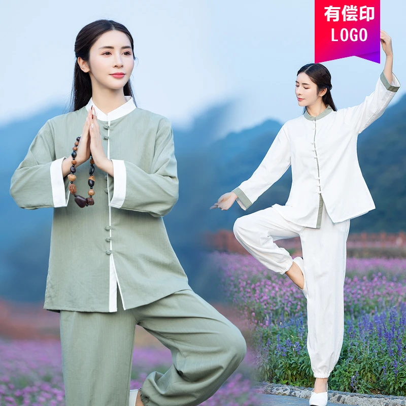中国风禅修行女打坐瑜伽服棉麻套装宽松茶服女装太极服居士养生服