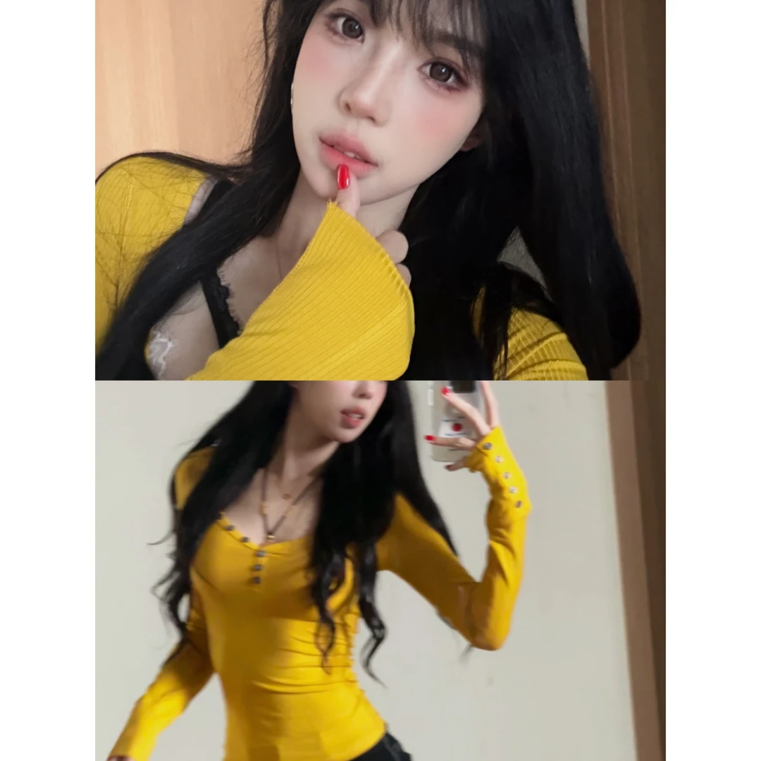 超强掐腰v领修身上衣2025春季新款纽扣打底长袖T袖