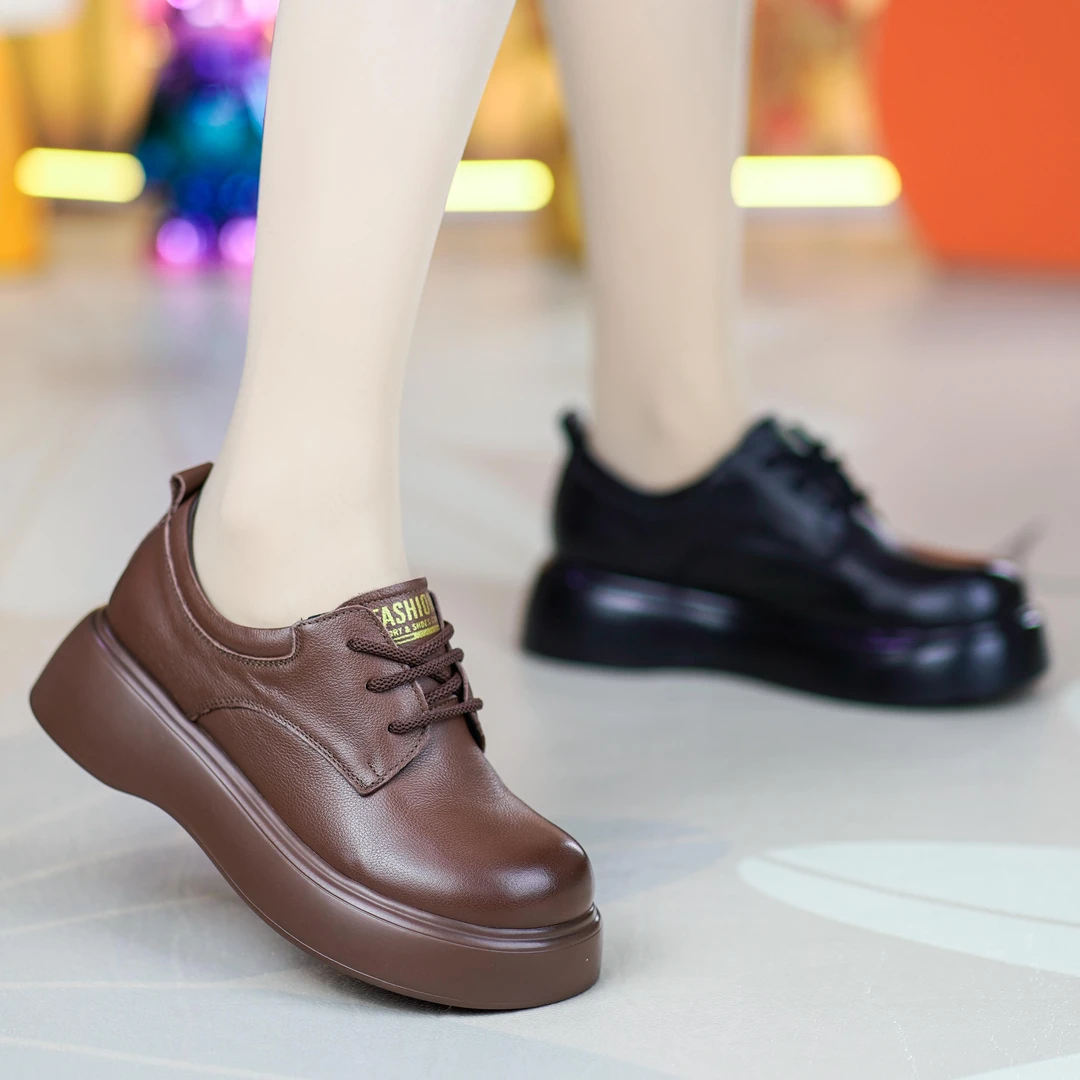 丹J529头层牛皮系带小皮鞋年春季新款粗跟百搭厚底单鞋圆头软底鞋