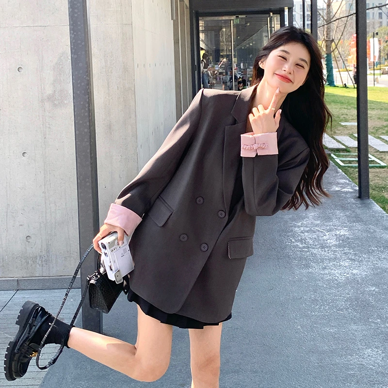 常规款韩版长袖西装外套女装2025秋季新款小西装宽松显瘦撞色外套