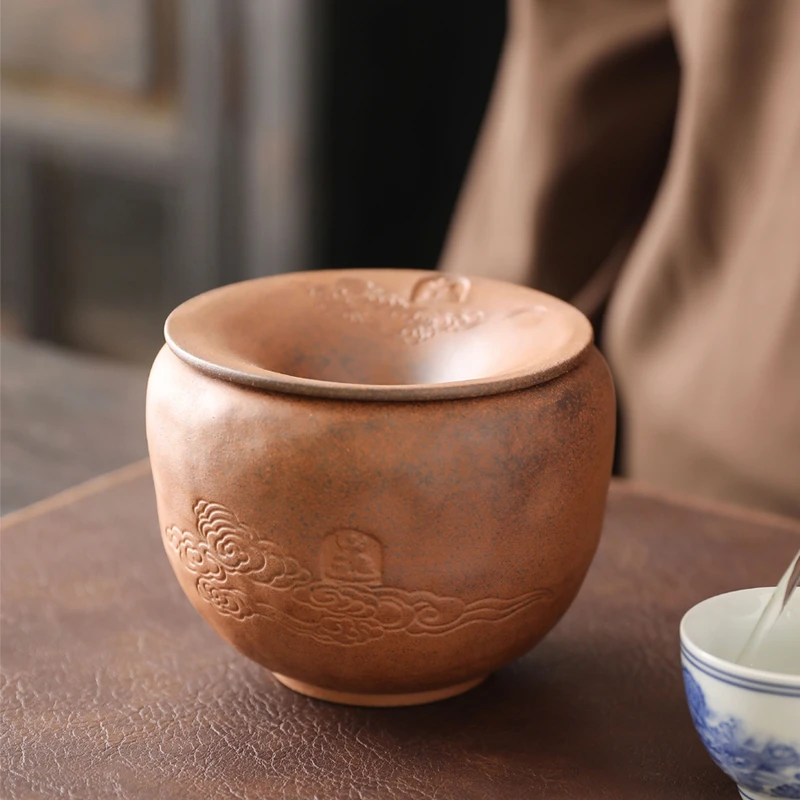 敦煌粗陶复古建水茶洗茶渣水缸家用大号带盖防飞灰水盂茶道配件