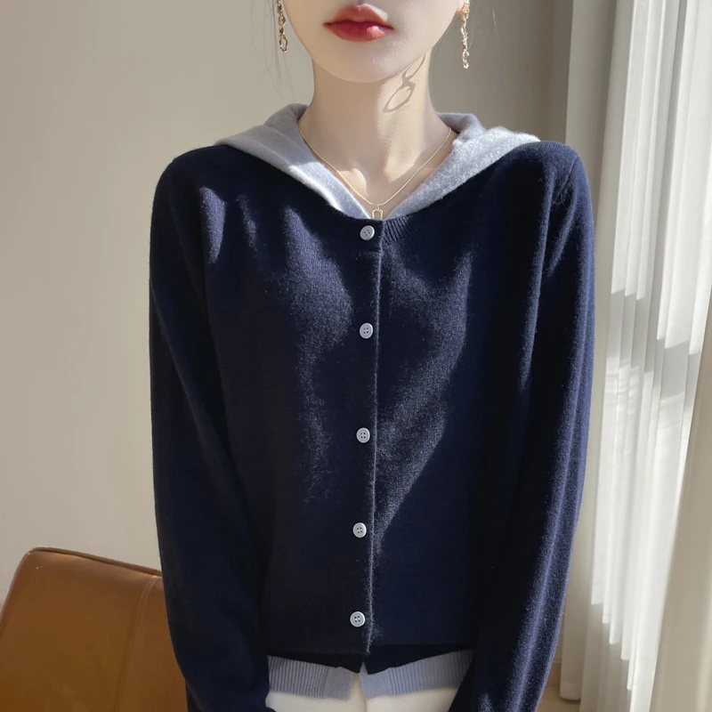 哥弟阿玛施正品秋冬新款拼色假两件连帽开衫女韩系简约百搭羊毛衫