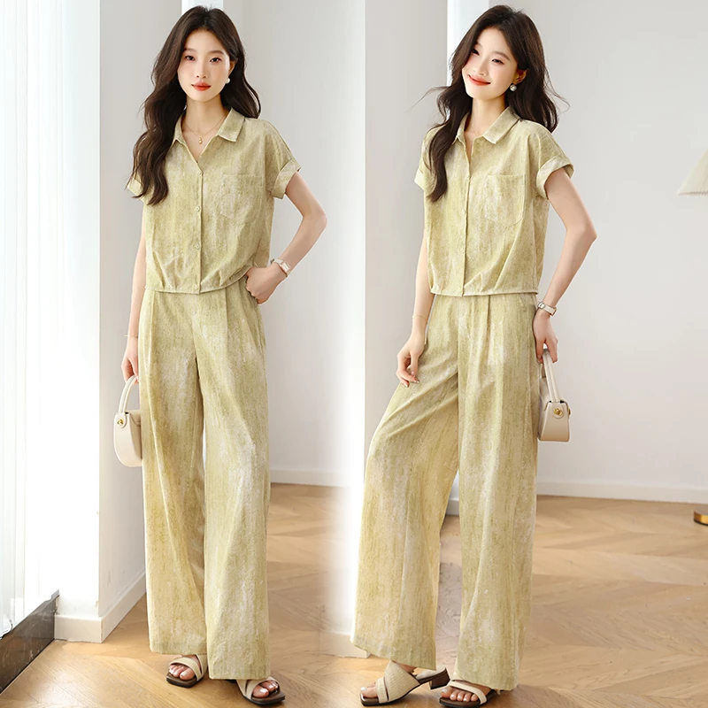时尚套装女夏季薄款2025新款贵夫人洋气休闲短袖衬衫阔腿裤两件套