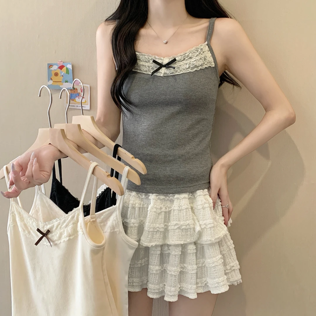 【小王家】2025春夏新款设计感蕾丝拼接蝴蝶结吊带背心上衣 3077