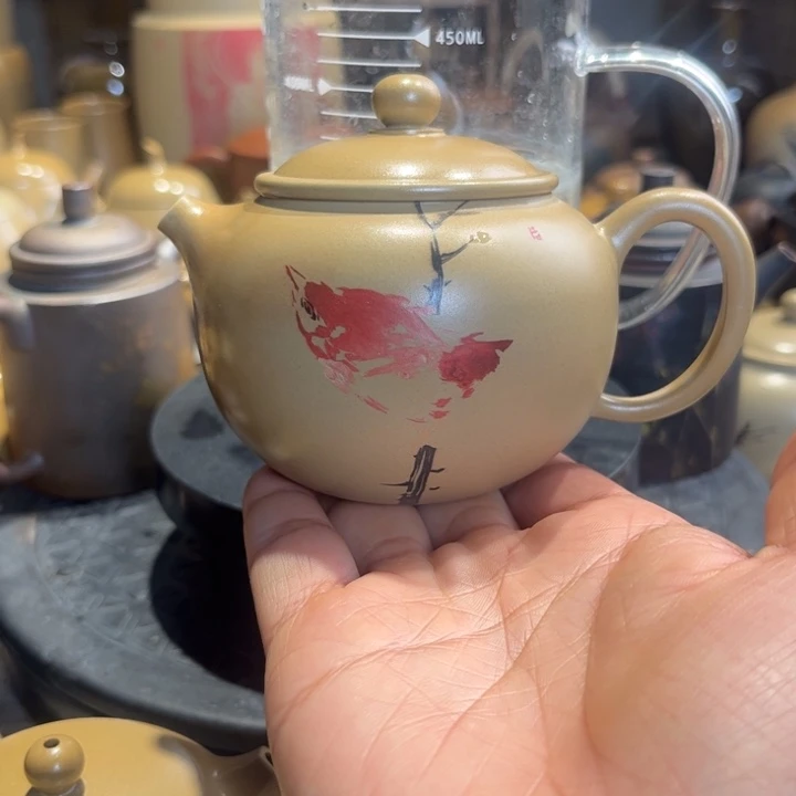 壶建水紫陶白泥刻填花鸟壶