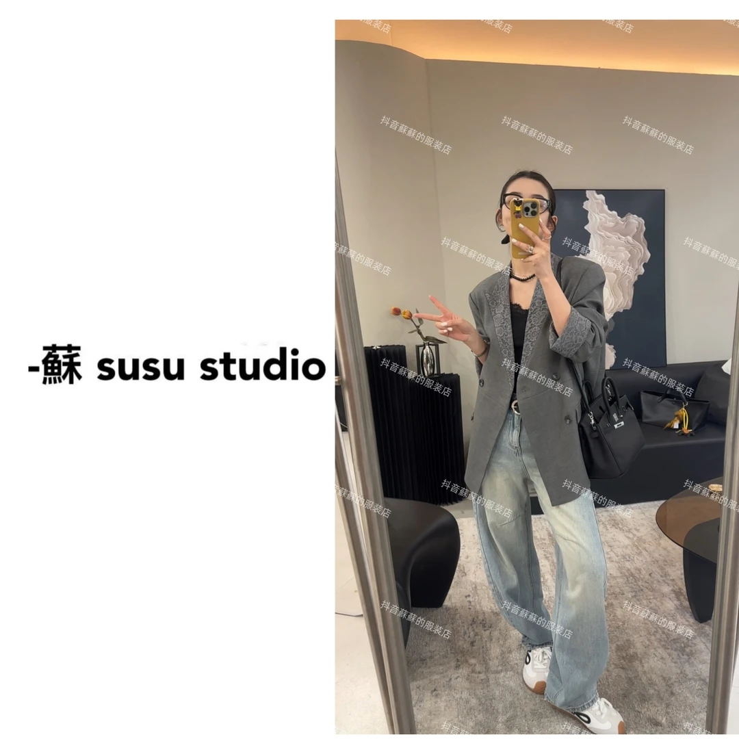 SU 2025开春新款宽松休闲V领时尚百搭蕾丝领西装G0982