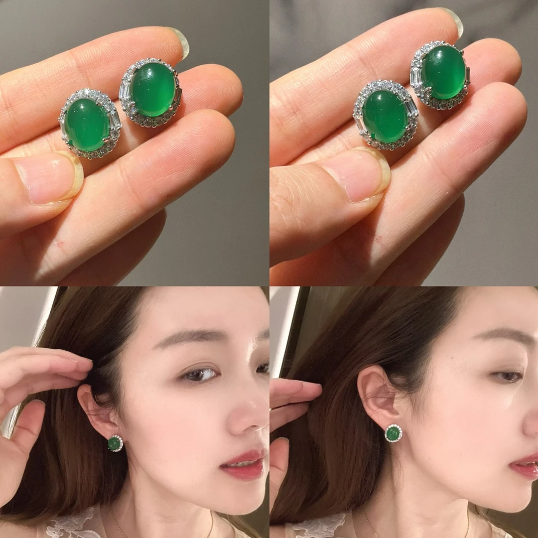 铜合金仿水晶耳饰 蛋面绿色耳钉时尚百搭女款耳饰
