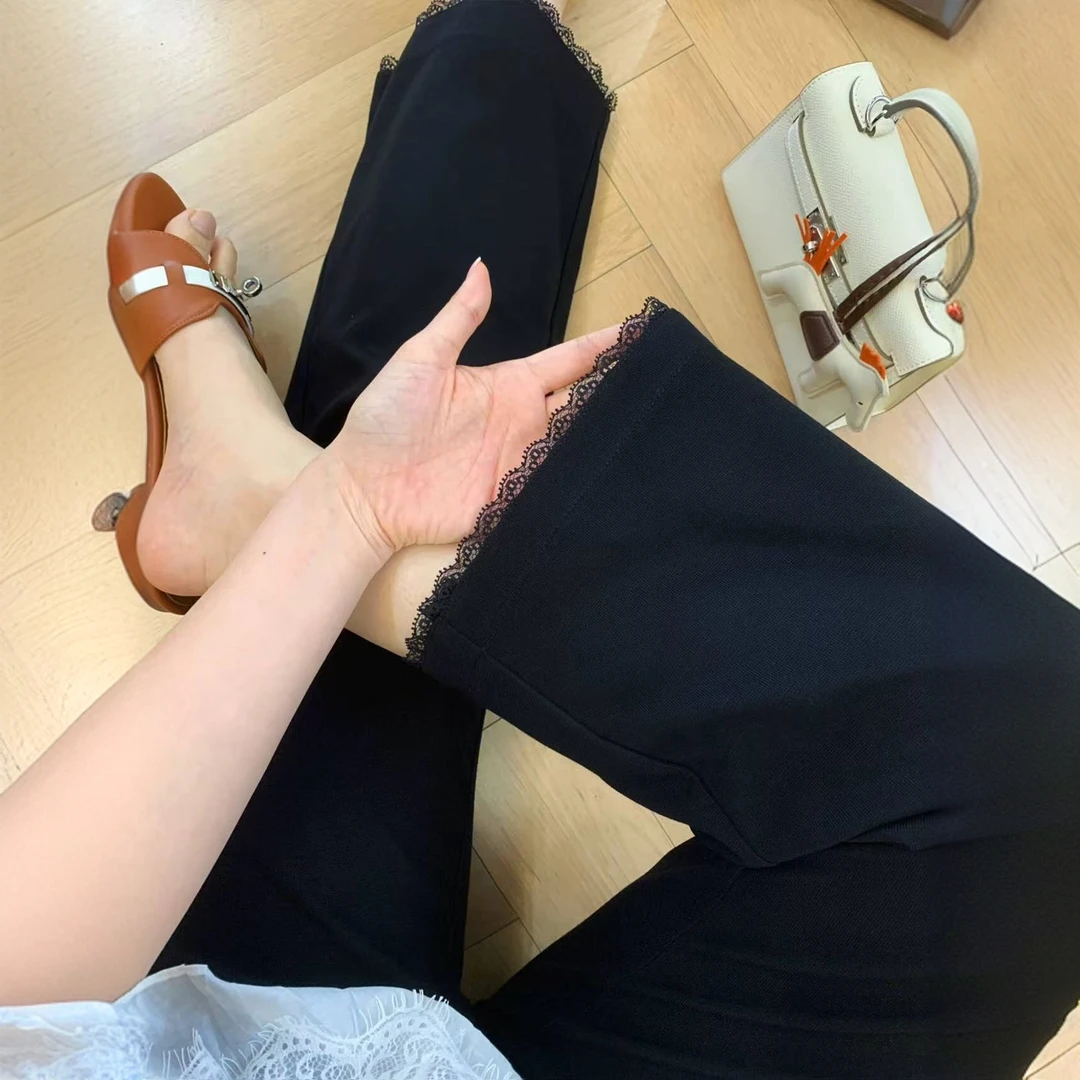 黑色蕾丝直筒休闲裤女夏薄款大码胖mm宽松显瘦梨型身材垂感阔腿裤
