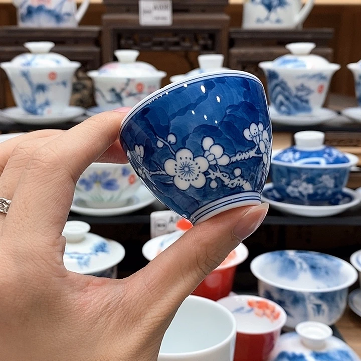 手绘冰梅杯子60cc釉下彩微瑕福利款