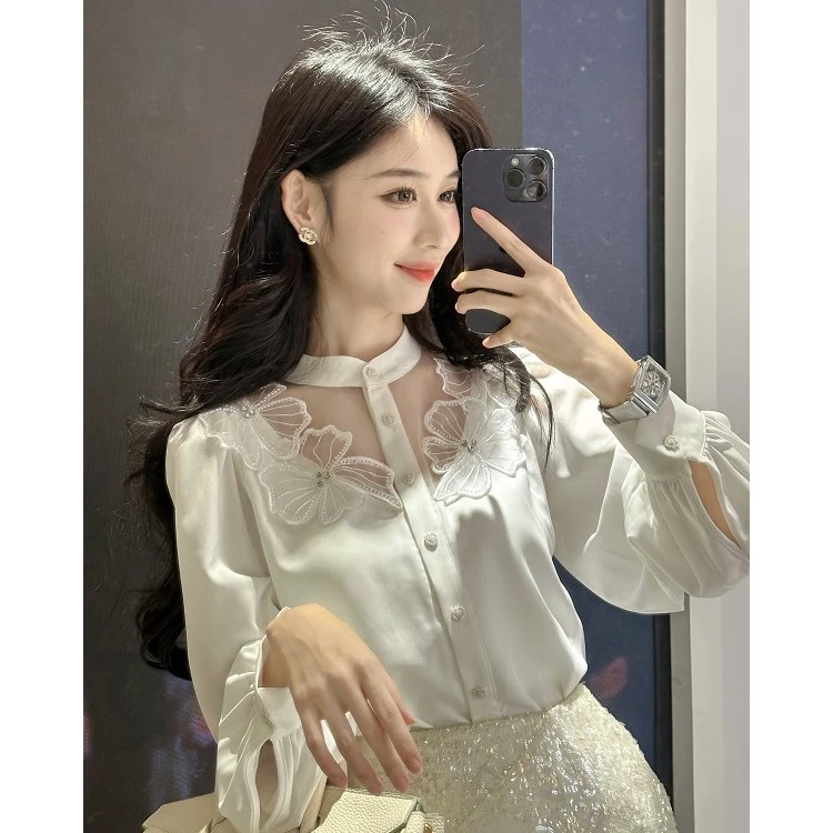 【雅乔宠粉专场】云为衫 小立领镂空网纱花朵长袖衬衫DYJF-23073538