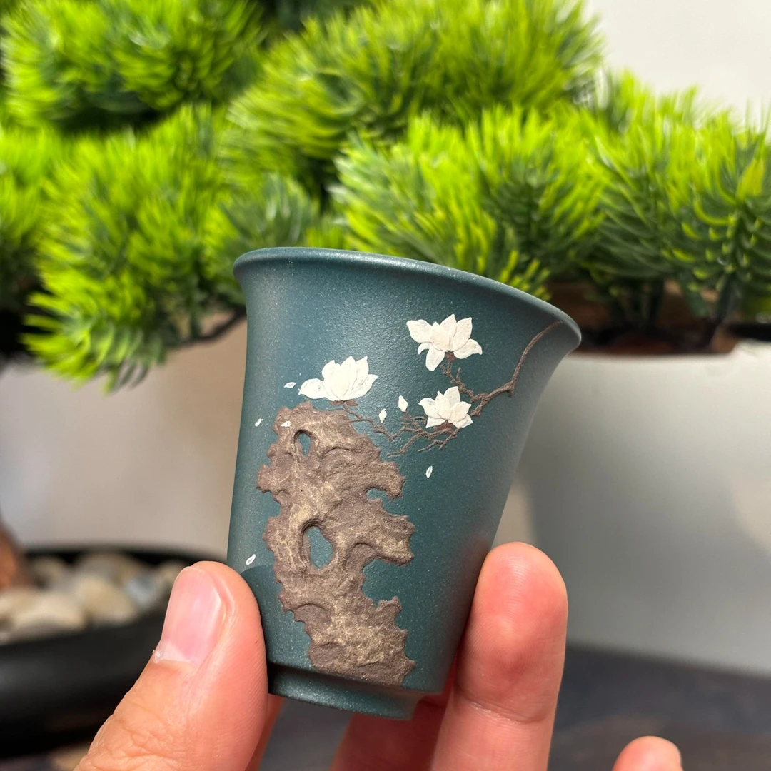 【老班长茶器】紫砂  太湖石玉兰主人杯 墨绿泥 80cc