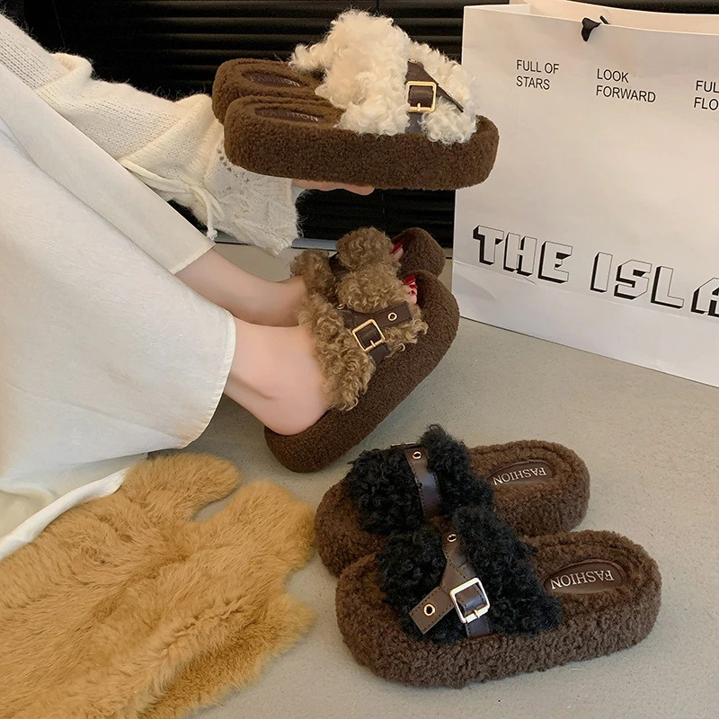 晗吉家~厚底毛驼拖鞋女外穿2025秋季新款时尚皮带扣休闲毛拖