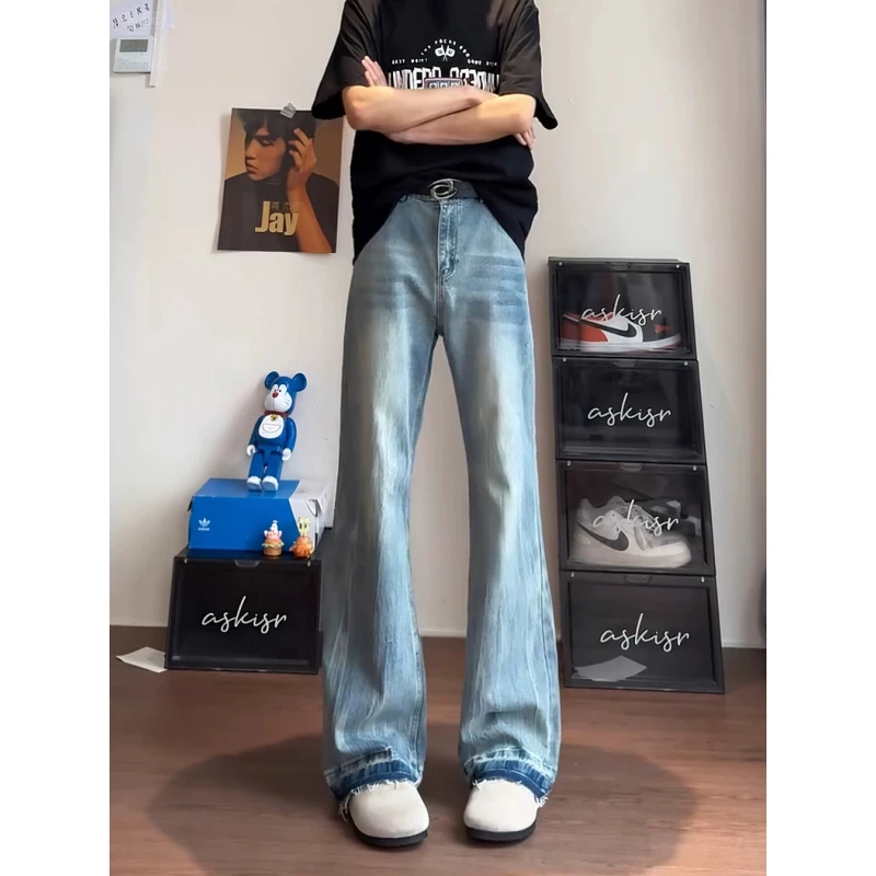 水洗蓝竹节闪电纹牛仔裤男款男装cleanfit裤子高腰高裆弯刀直筒裤