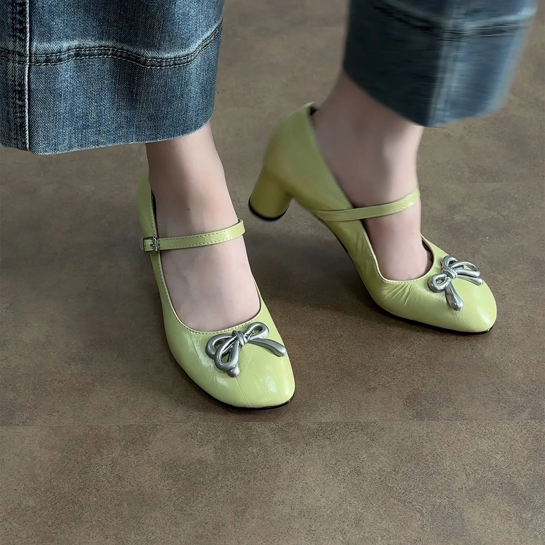 5cm/ED2278牛皮粗跟单鞋女春夏百搭圆头一字带玛丽珍高跟浅口真皮