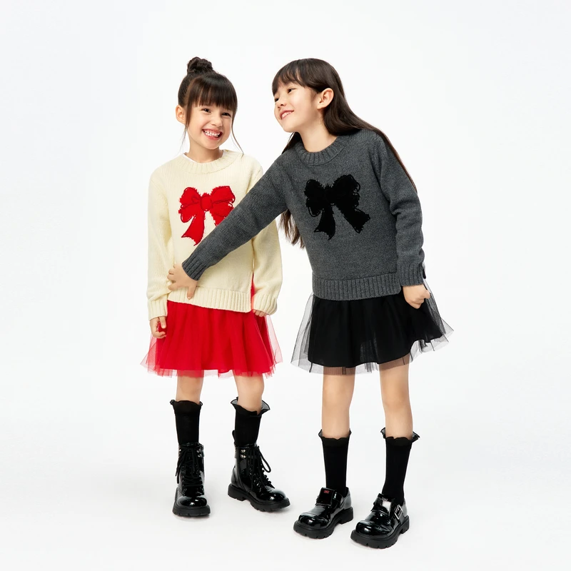 littlemoco童装25春装新款女童毛衫拼接网纱连衣裙裙子