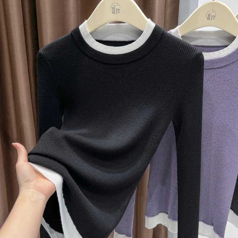 高档黑色假两件圆领针织打底小衫女秋季新款软糯套头长袖撞色上衣