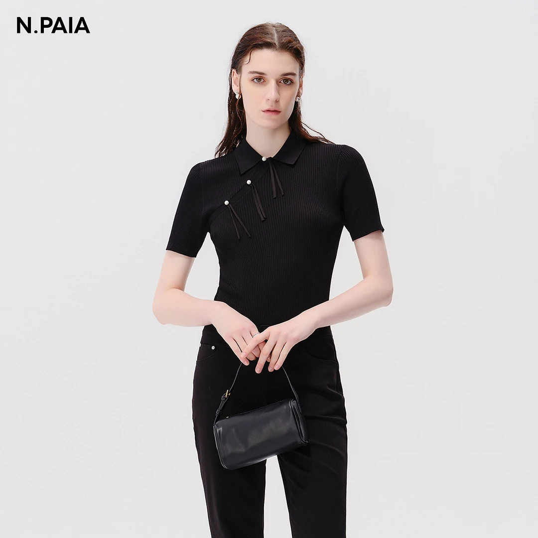 【可可专属】恩派雅高弹螺纹斜门襟改良版针织衫T恤女XNJPW9504B