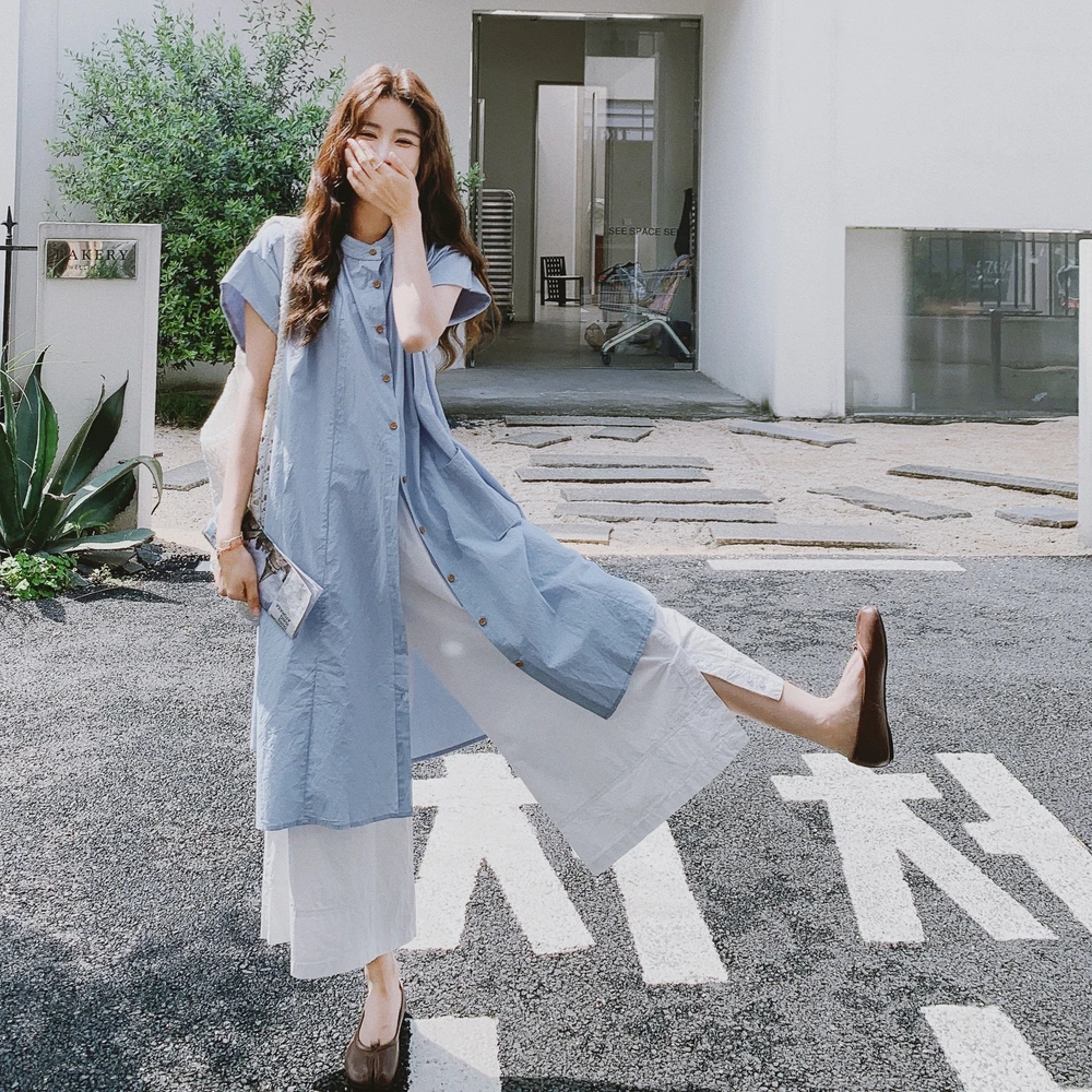 法式蓝色衬衫连衣裙白色阔腿裤套装女夏2025新款两件套清纯超好看