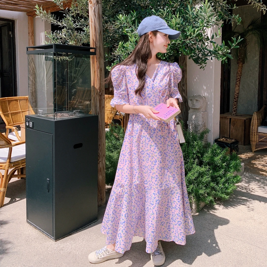粉紫碎花新款夏季连衣裙其他材质SMLXL