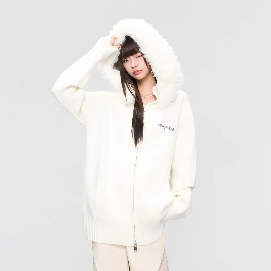 AFGK25FW慵懒风连帽毛领针织衫女春秋休闲百搭毛衣开衫宽松外套