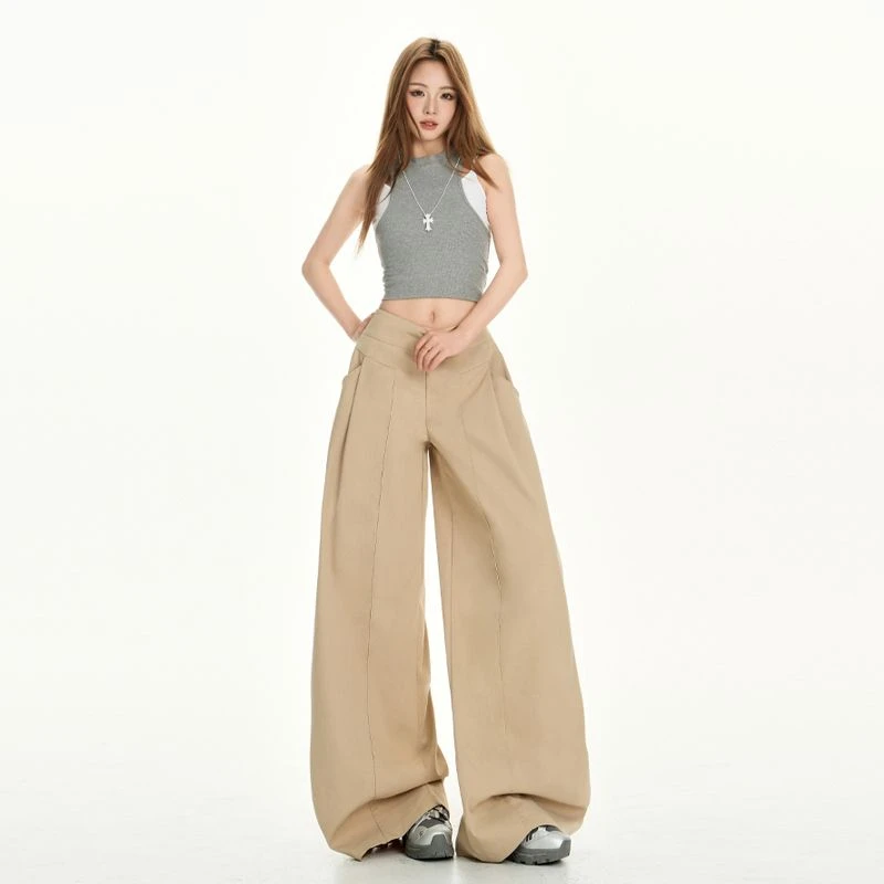 慵懒风设计卡其色休闲裤女2025年夏季高腰显瘦宽松阔腿裤拖地长裤