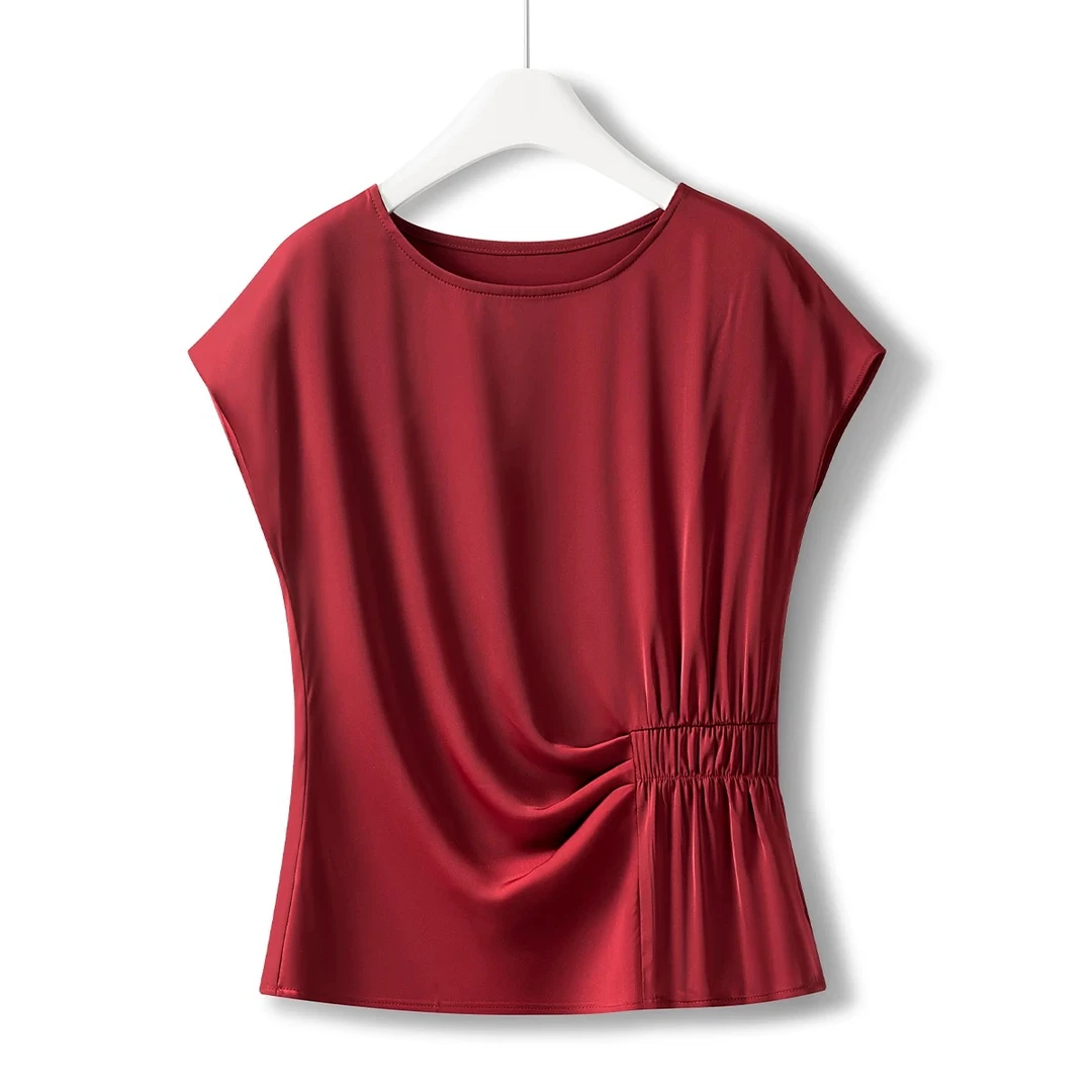 醋酸缎红色盖肩袖T恤女夏季2025新款禅意缎面收腰上衣【知性·优雅】
