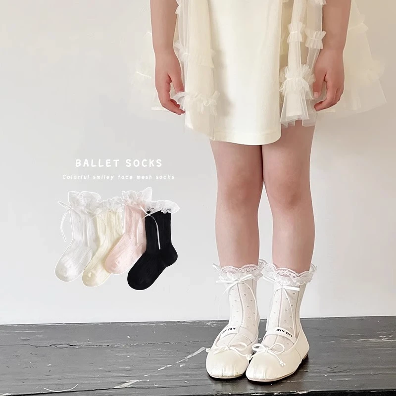 女童袜子夏季薄款网眼无骨儿童中筒袜蕾丝蝴蝶结女宝宝花边公主袜