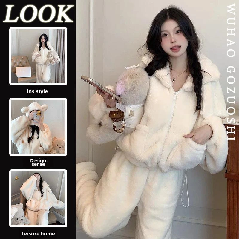 宝藏小店维多利亚韩版纯色毛绒保暖珊瑚绒睡衣女冬季加厚加绒2023