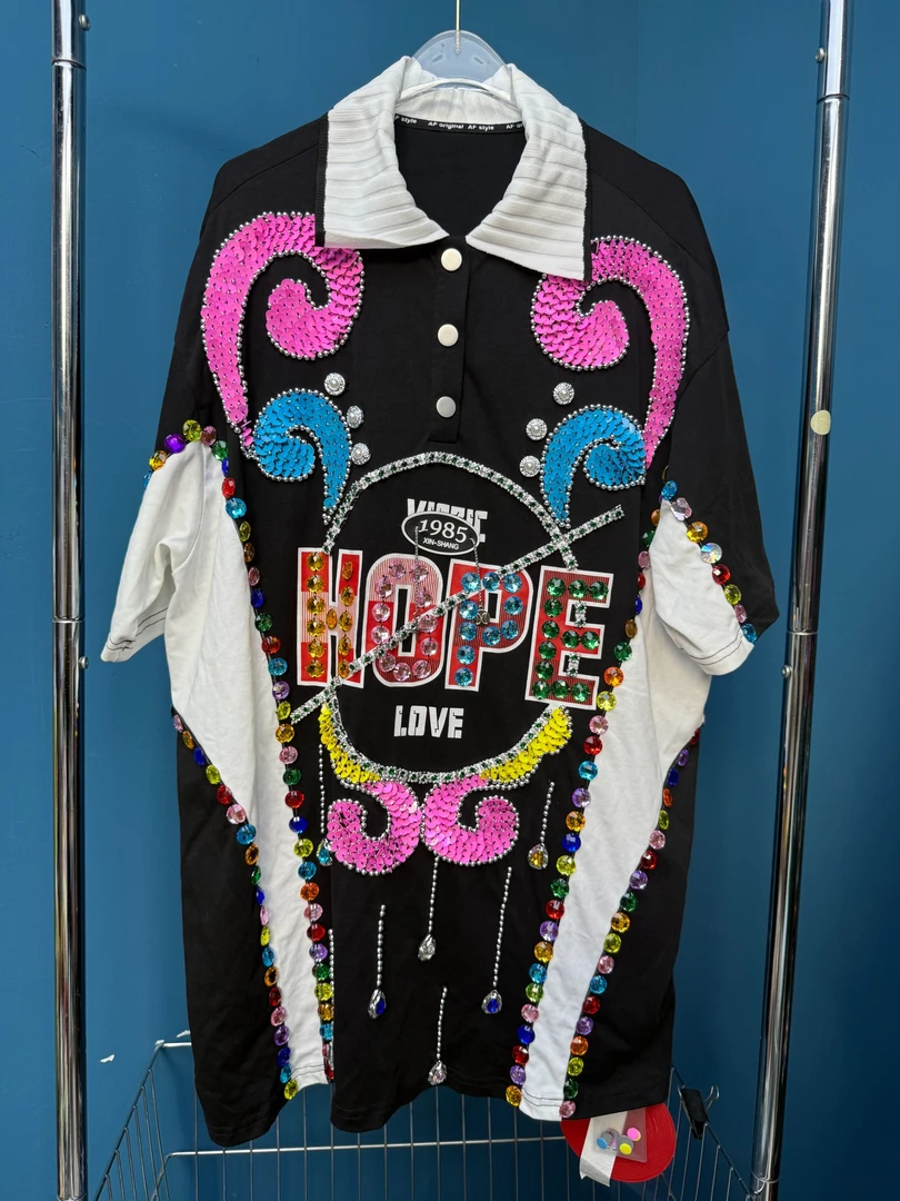 花花潮牌原创设计师小众百搭纯手工金属钻亮片钉珠夏季连衣裙