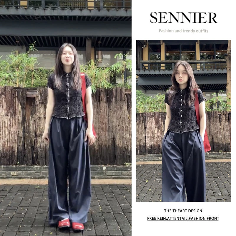 韩系穿搭2025夏季新款百搭polo领修身短袖上衣显瘦阔腿裤两件套女