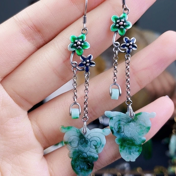 翡翠耳饰银S925镶嵌饰品