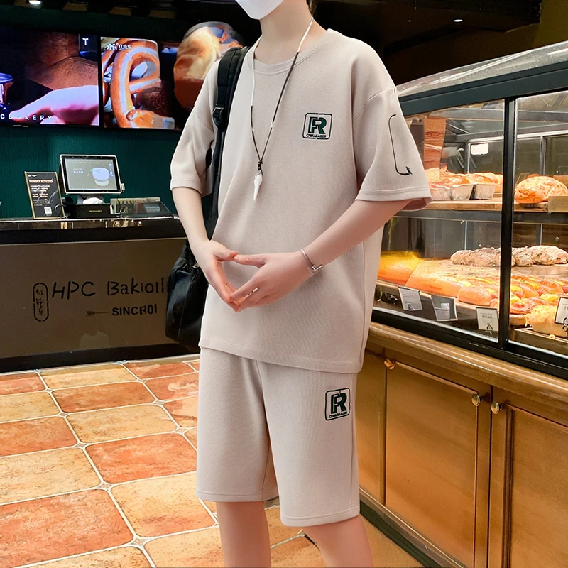 夏季潮流宽松速干半袖搭配五分短裤一套休闲运动男士休闲短袖套装