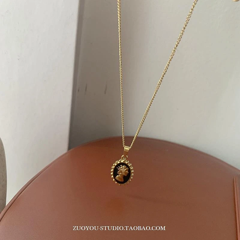 合金布艺项链 小众覆古黑色女神头像项炼女INS潮时尚简约百搭气