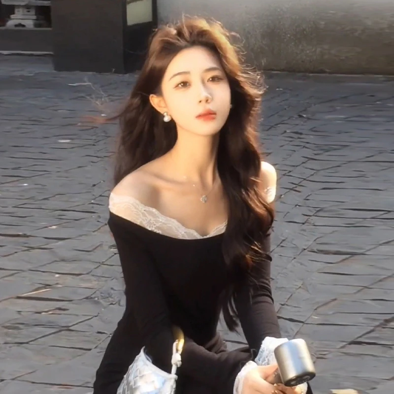 7898赫本风黑色一字肩连衣裙子女早春季2025新款高级掐腰小黑长裙