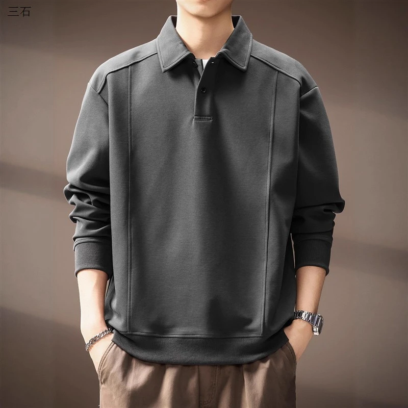 高端美式潮牌结构拼接长袖Polo衫男士秋季新款宽松休闲打底衫卫衣