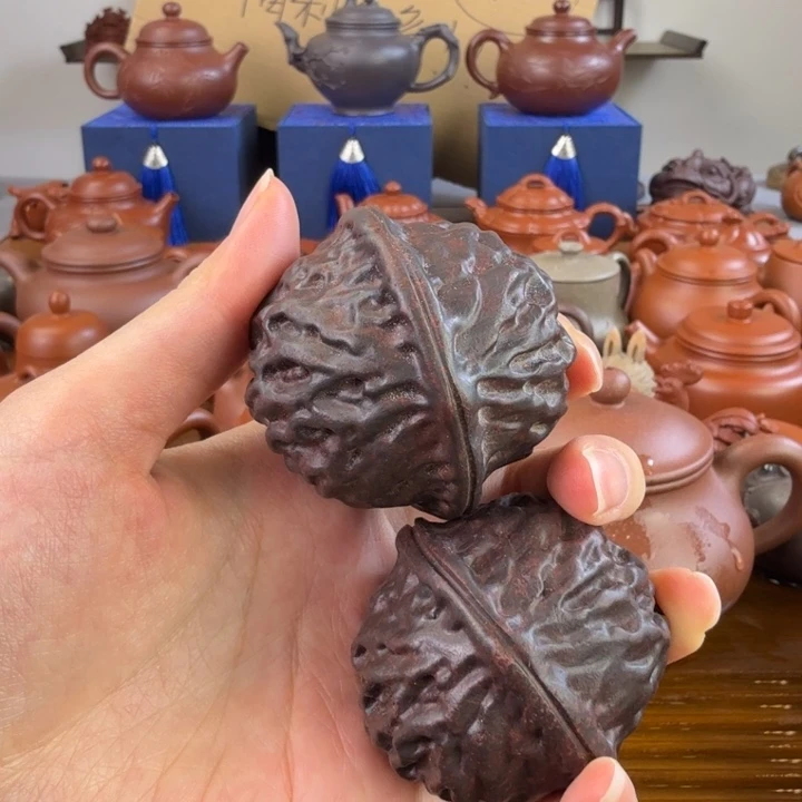 紫砂茶壶紫泥一对核桃