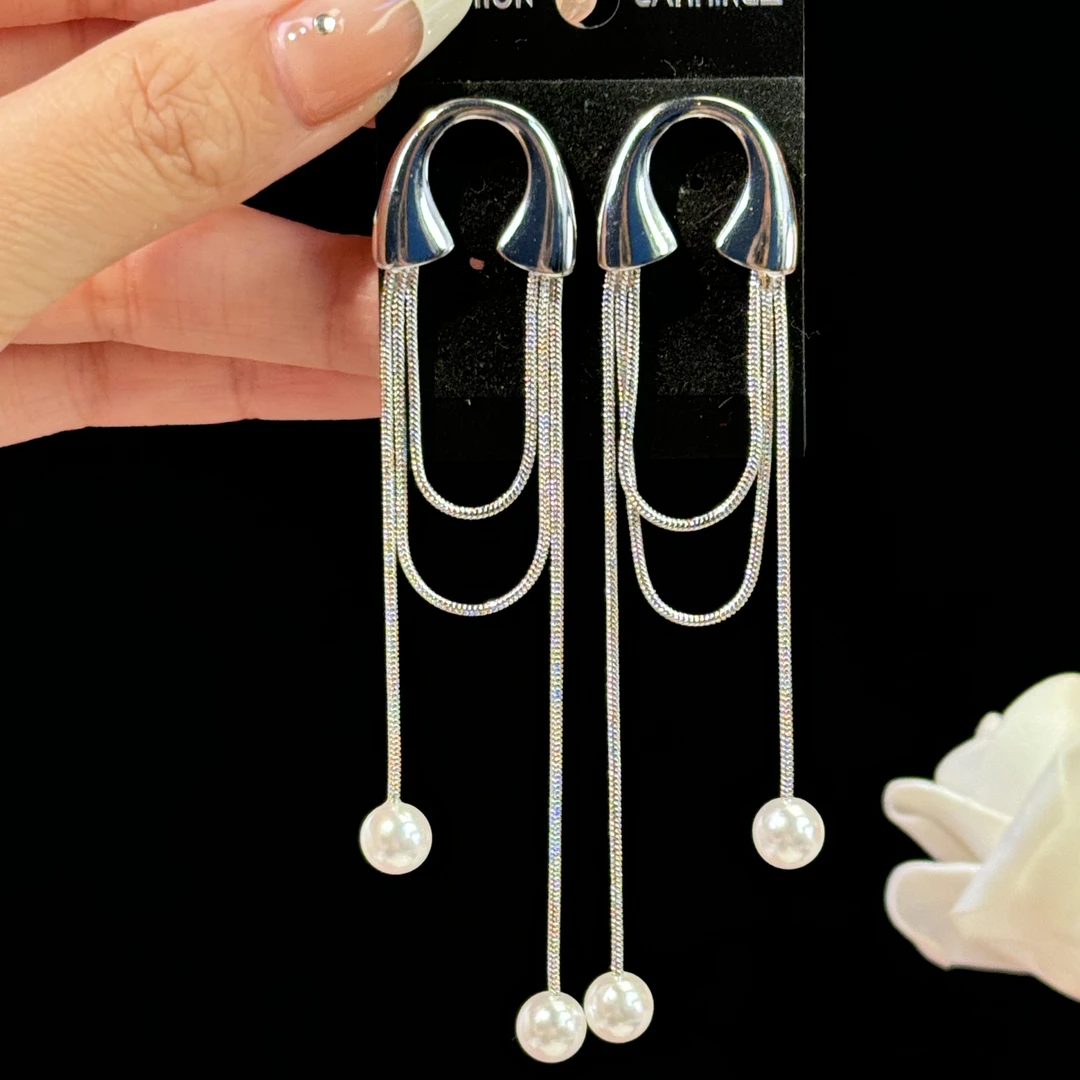 铜合金耳饰 静涵】气质时尚长款个性珠珠长款流苏耳环设计师款耳钉