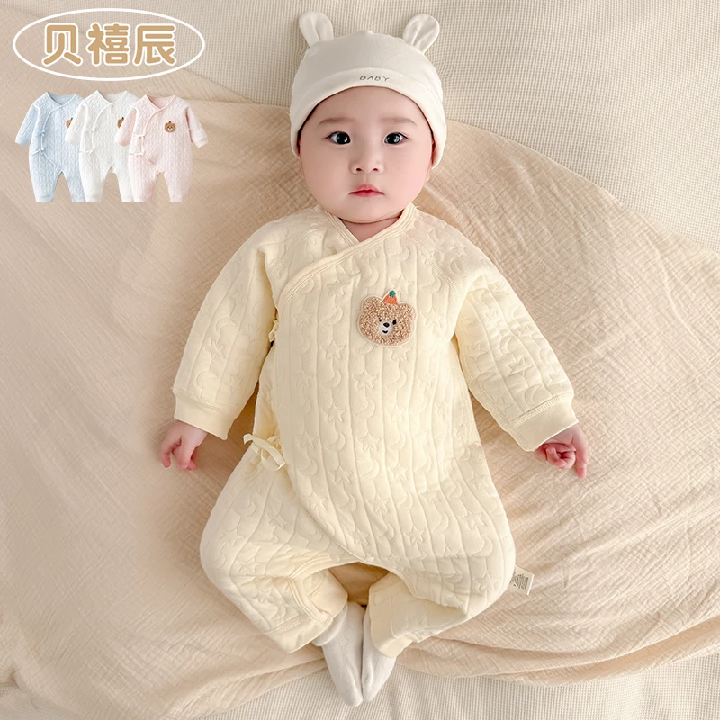 婴儿衣服春秋冬保暖薄棉三层夹棉护肚蝴蝶衣婴幼儿男女宝宝连体衣