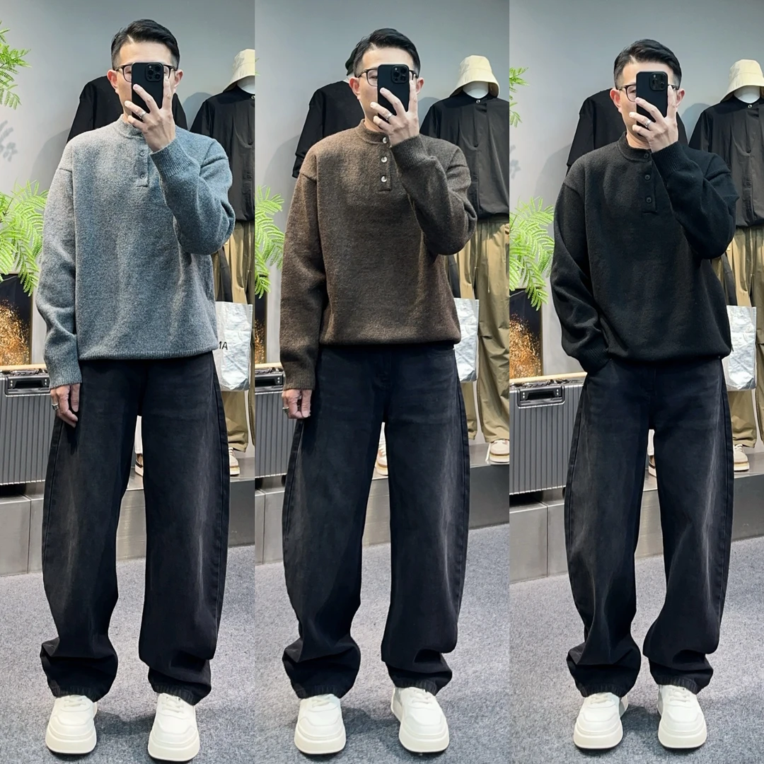 梁叔-老钱风新贵亨利领重磅加厚毛衣男士针织衫SA7798