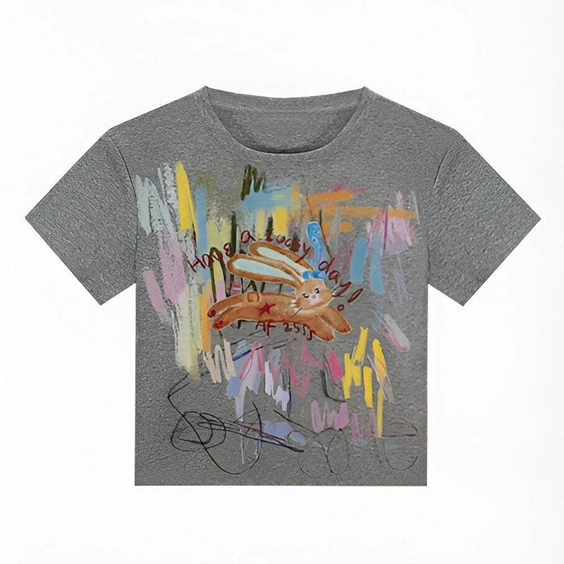 【兔子涂鸦】2025新款正肩短袖T恤女夏季印花设计感显瘦百搭上衣