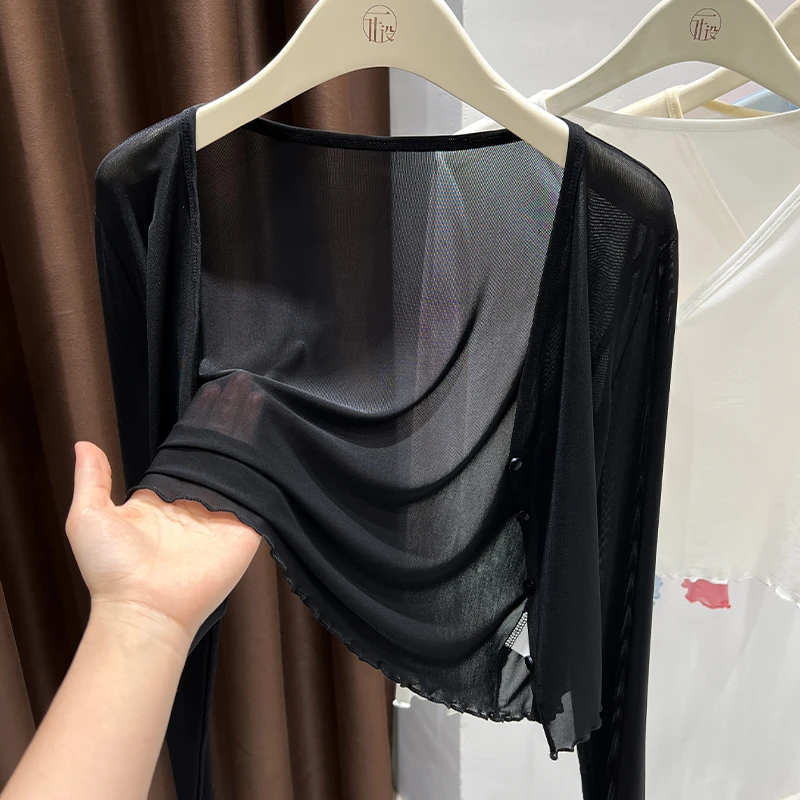 黑色网纱小坎肩开衫女夏季配吊带裙外搭防晒披肩罩衫外套薄款上衣
