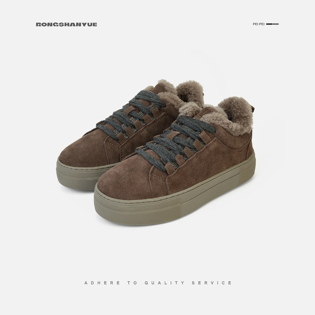 Rongshanyue羊毛加绒保暖平底鞋女系带休闲百搭厚底板鞋B1530